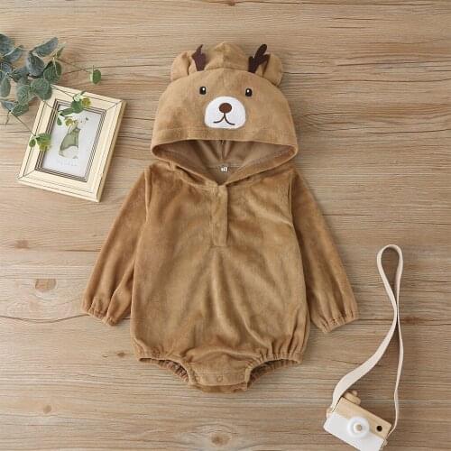 0-24M Cute Infant Baby Girl Boy Hooded Playsuit 3D Ears Hooded Long Sleeve Romper Animal Hat Autumn Winter Velvet Top