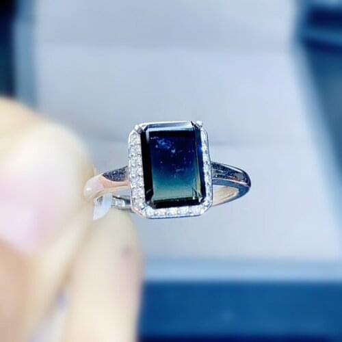 Natural real black sapphire rectangle ring Per jewelry 925 sterling silver 6*8mm 1.8ct gemstone Fine jewelry J212176