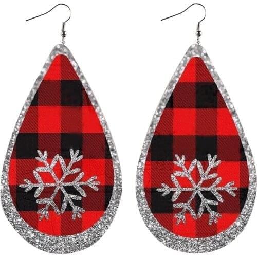 Christmas Buffalo Plaid Glitter Snowflake Faux Leather Earrings Hollow Layered Lightweight Leaf Teardrop Earrings Gifts New