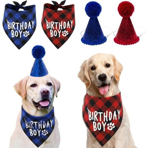 Scottish Style Pet Birthday Celebrate Scarf Washable Cotton Grid Saliva Towel Pet Hat Cat Dog Puppy Kitten Triangle Kerchief Set