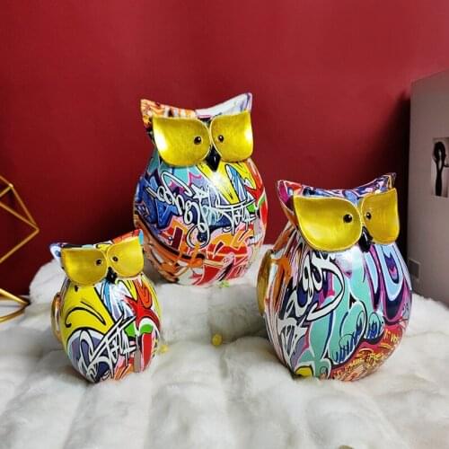 Nordic Graffiti Painted Water Transfer Owl Crafts Figurines Statue Sculpture House Living Room Home Decor Decorative Modern