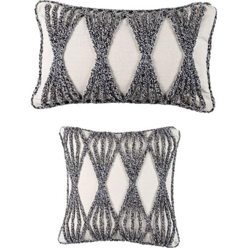 Modern Minimalist Lumbar Throw Pillow Case Moroccan Boho Woven Tufted Gray Cream Striped Diamond Texured Cushion Cover