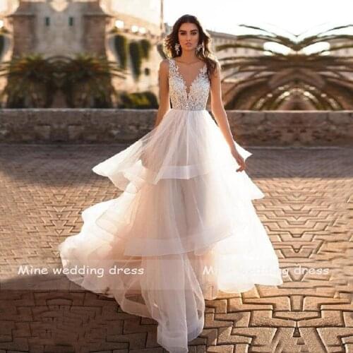 A Line Wedding Dress Deep V Neck Ruffles Sleeveless Bridal Dresses Lace Appliques Backless Wedding Gown Vestido De Noiva