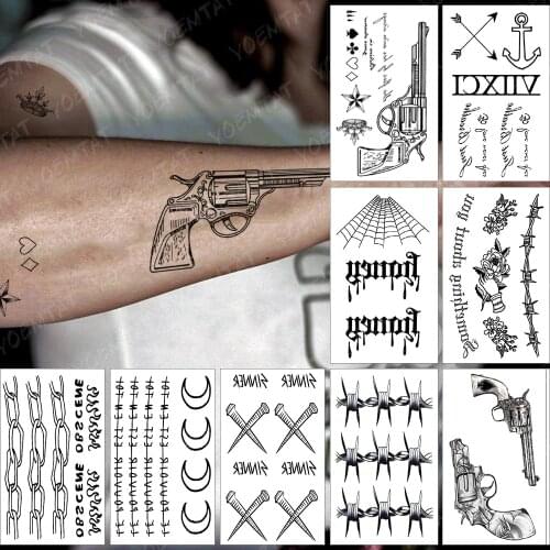Waterproof Temporary Tattoo Sticker Small Gun Star Crown Text Flash Tatoo Nail Thorns Wrist Fake Tatto For Body Art Women Men
