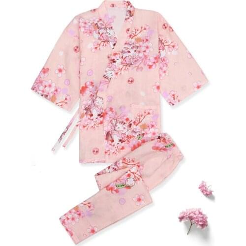 Japanese Tradition Style Cute Print Cotton Linen Pajamas Pants Set Woman Sleep & Lounge Kimono Yukata Bathrobe Sweat Steam Wear