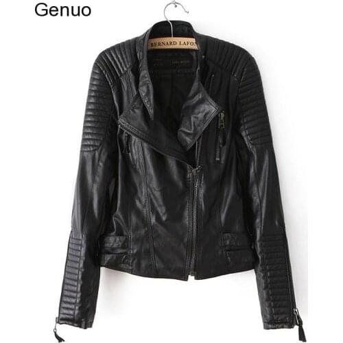 Womens Leather Jacket Motorcycle Autumn Long Sleeve Zipper Soft Faux Leather Jackets White Ladies Female Coats Outerwear