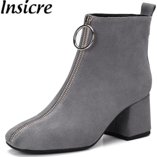 Insicre Cow Suede 2021 Autumn Women Ankle Boots Front Zipper Square Toe Thick High Heel Shoes Big Size 44 Gray Classics