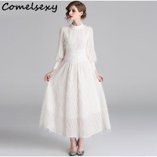 Comelsexy 2021 Summer Womens Elegant Stand Collar Lantern Sleeve Tassels Party Long Dresses Elegant Beige Feather Dress Vestido