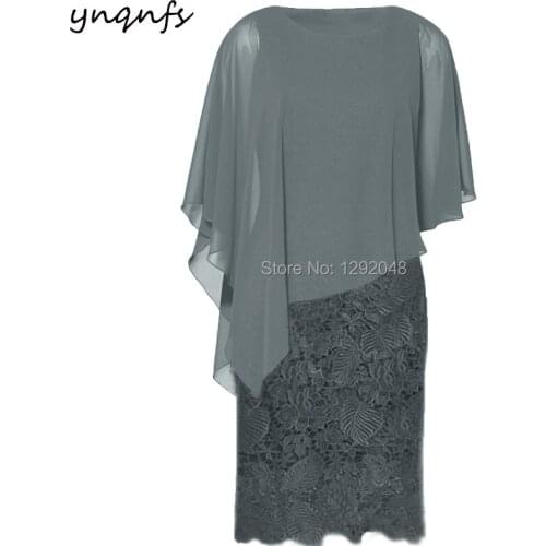 YNQNFS M126 Robe Cocktail Chiffon Cape Cloak Sleeves Knee Length Gray Mother of the Bride Lace Dresses Vestido de Festa 2019