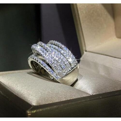 Luxury Jewelry 925 Sterling Silver Pave White Sapphire CZ Diamond Gemstones Party Women Wedding Engagement Band Ring