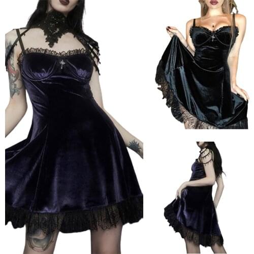 2021 Women Ruffles Velvet Dress Adults Sleeveless Spaghetti Strap V-Neck Lace Trim Bowknot One-piece