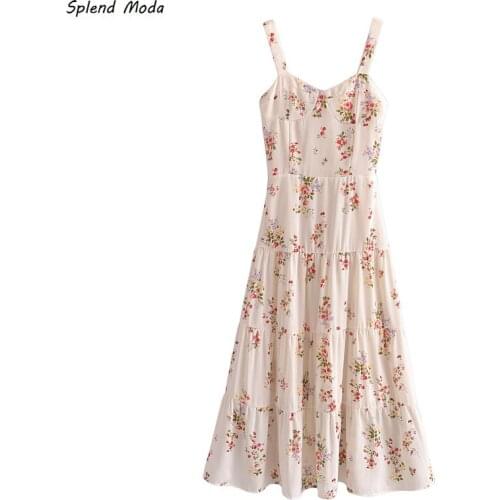 2021 Summer Vintage Prairie Chic Floral Print Spaghetti Strap A-line Folds Elastic Waist Dress Zipper Vestido Women Mid-Length