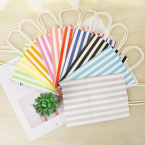 10 pcs/lot 21*15*8cm Solid Color Stripes Colorful Gift Paper Bags Boite Cadeau Festival Wedding Party Favor Decoration Packing