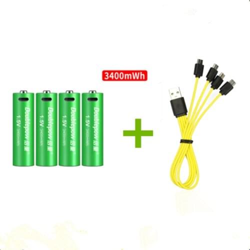4PCS Original 1.5V AA rechargeable battery 3400mWh USB rechargeable lithium battery with Micro USB cable for fast charging