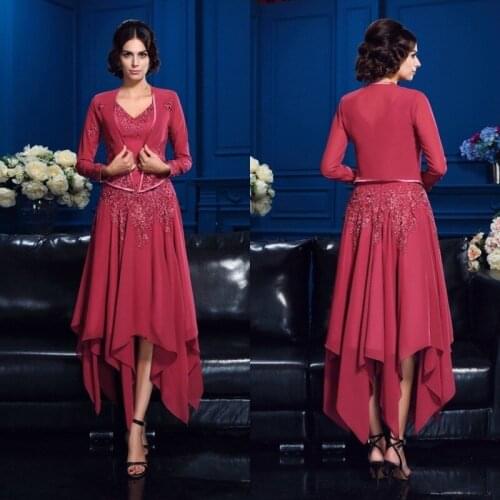 2019 Mother of the Bride Dresses with Jacket V Neck Satin Evening Gowns Prom Wear Tea-Length Formal Wedding Guest Dress