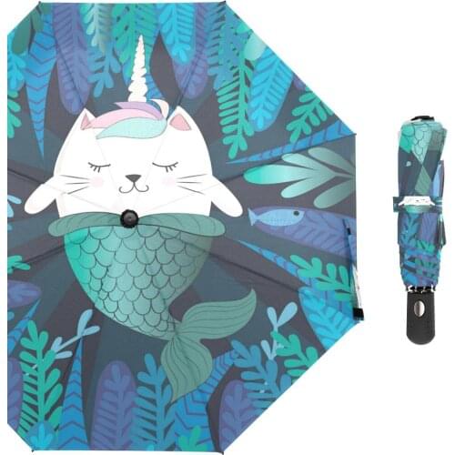 Unicorn Cat Mermaid Seaweed Automatic Rain Umbrella Women Portable Waterproof Parasol Windproof Folding Umbrella for Children