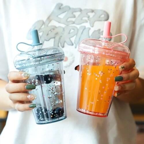 Sequined BPA Free Water Bottle with Straw Lid Plastic Flash Star Double Wall Drinking Bottle Coffee Juice Cups for Gifts
