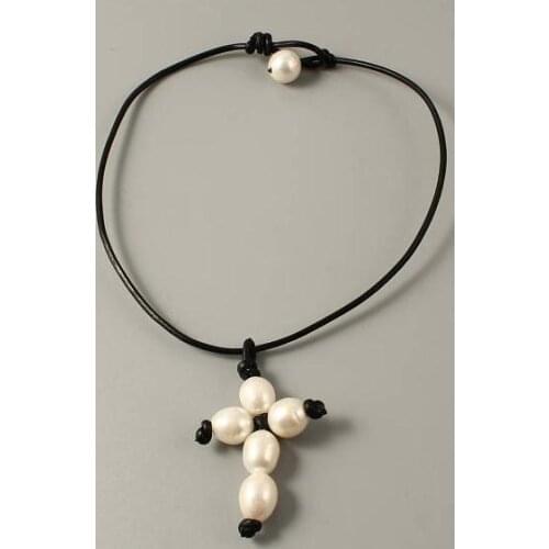 Perfect Womens Pearl Jewelry, Handmade White Color Genuine Freshwater Pearl Necklace Cross Pearl Leather Necklace