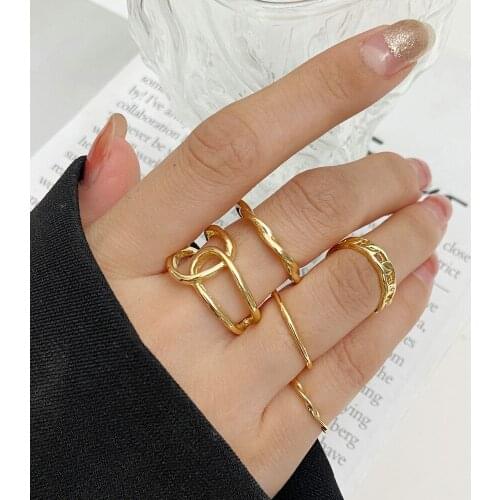 5Pcs Punk Gold Alloy Wide Chain Ring For Women Fashion Ins Irregular Metal Adjustable Ring Girls Gift 2021 New Jewelry Wholesale