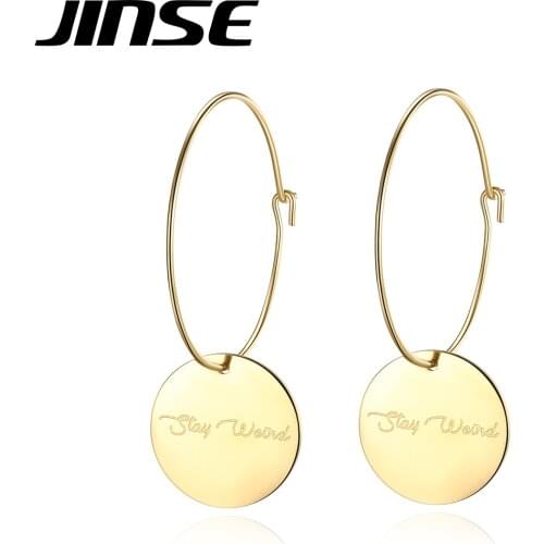 JINSE 2021 Stainless Steel Round Hoop Earrings for Women Trendy Gold Metal Letter Coin Huggie Brincos Bijoux Femme Hip Hop Gifts