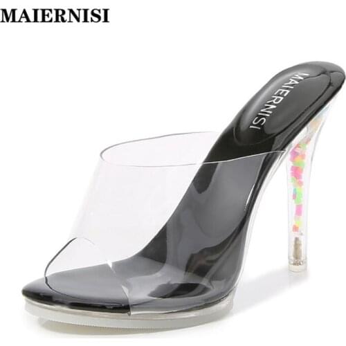 MAIERNISI Women Pumps Luminous Sand Design Ladies High Heels Slippers PVC Transparent Sandals Female Party Show Shoes Plus Size