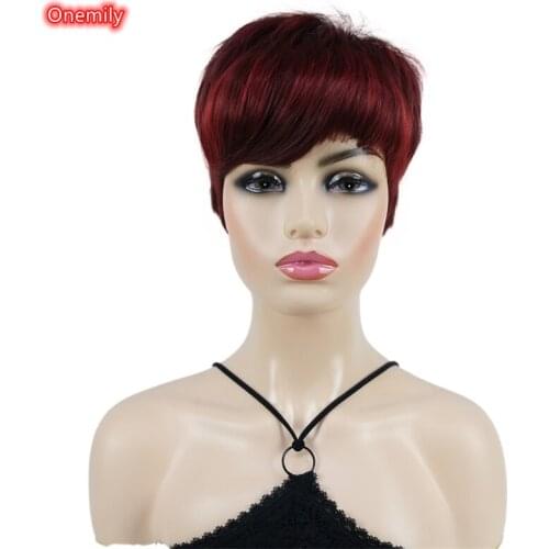 Onemily 8 Inch Burgundy Short Straight Pixie Cut Natural Hair Wig Women Synthetic Fashion Wigs for Daily Wear
