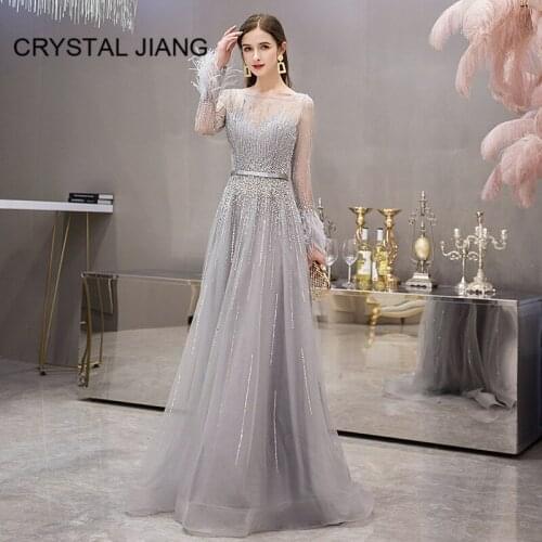 2020 Sheer Jewel Collar Evening Dresses Long Crystal Beaded A Line Formal Gown Robe De Soiree Silver Long Sleeves Evening Gown