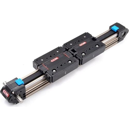 Belt driven linear guide rail with dual blocks
