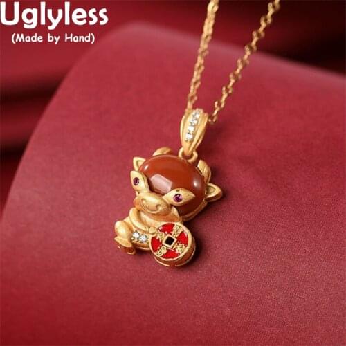 Uglyless Natural Agate Bull Pendants for Women Lovely OX Year Gifts Jewelry Real 925 Silver Animals Necklaces NO Chains Gold