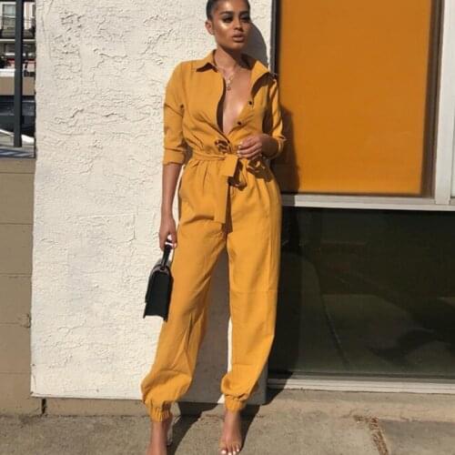 Vintage casual cargo cotton womens jumpsuit Sashes orange pocket sports jumpsuit overall Solid autumn winter romper