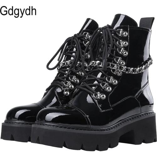 Gdgydh Patent Leather Womens Ladies Ankle Boots Mid Heel Lace Up Worker Army Black Goth Shoes Autumn Sexy Chain High Quality