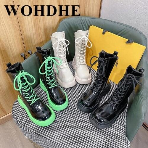 WOHDHE Women Snow Boots Mid-calf Round Toe and Flat with Thick Button Boots Women Solid Concise Lace-up Cool Shoes Street Style
