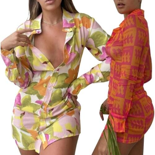 Summer Ladies Temperament Shirt Dress Women Leisure Style Floral Printing Color Matching Lapel Long Sleeve Mini Skirt