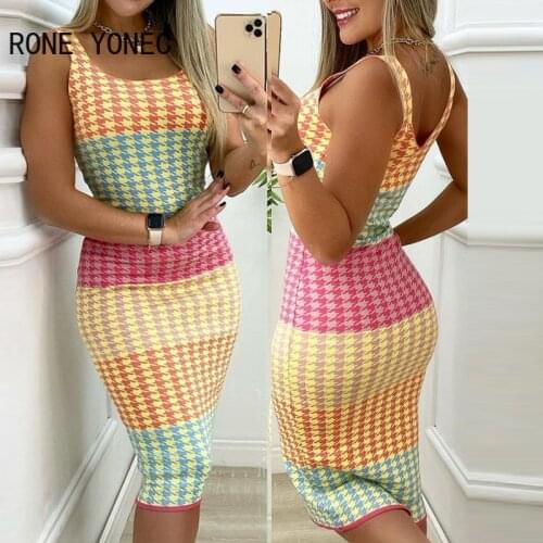 Women Casual Colorblock Bird lattice Sleeveless Midi Bodycon Dress