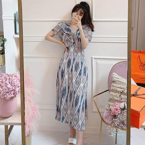 New arrival fashion beach chiffon dress women elegant summer v-neck short sleeve temperament office lady print long a-line dress