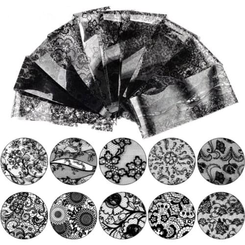 10pcs Lace Transfer Foil Black White Lace Nail Stickers Hollow Flower Sliders Transparent Decals Wraps Nail Art Decoration Set