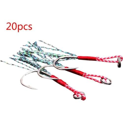 20pcs/lot Fishing Lure Slow Jigging Fishing Cast Jigs Assist Hook Barbed Single Jig Hooks Thread Feather Pesca High Carbon Steel