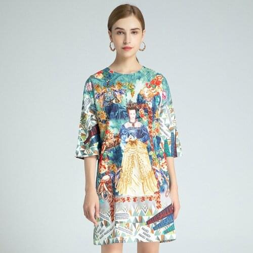 2021 Spring Summer Dress Knee Length 3/4 Sleeve Empire Crew Neck Flora Print Fashion Dress Beads