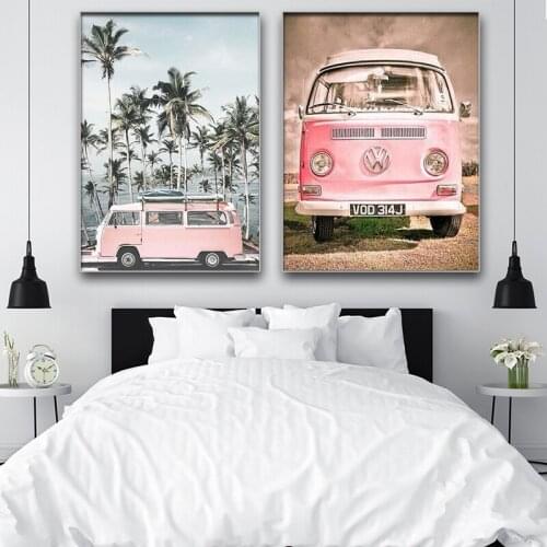 5D DIY diamond painting cross stitch full square diamond mosaic pink car bus coconut tree full circle diamond embroidery