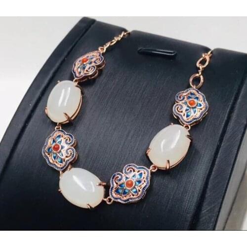 925 Sterling Silver HeTian White Jade Enamel Rose Gold Chain Decoration Lucky Bracelet For Women Fine Jewelry