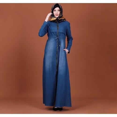 Abaya Muslim Denim Dress Zipper Dresses Cardigan Kimono Long Robe Gowns Tunic Islamic Soild Color Clothing