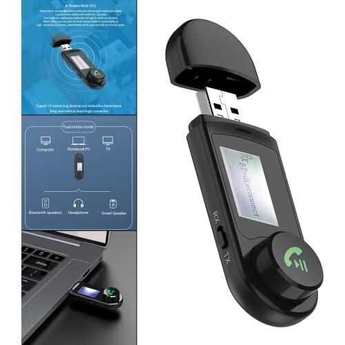 Bluetooth 5.0 Transmitter Receiver USB Adapter with LCD Display 2 in 1 Low Noise Wireless Dongle for Phones TV PC Button Control