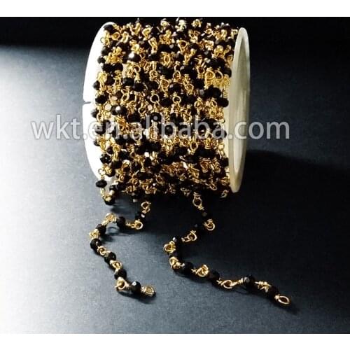 WT-RBC024 Wholesale Custom High quality gold electroplated handmake stone rosary chain black quartz wire wrapped chain