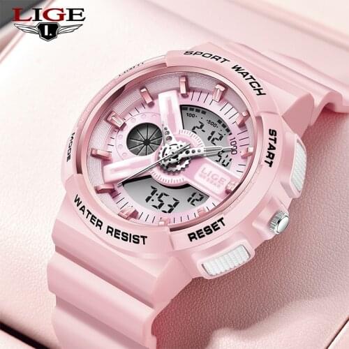 LIGE 2021 New Ladies Sports Watch Dual Display Analog Digital LED Electronic Quartz Watch Waterproof Swimming Childrens Watch
