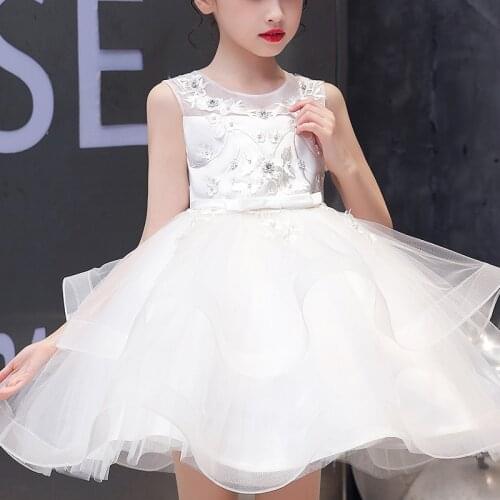 Kids Flower Girls Party Dresses Bow Beads Casual Princess Summer Girls Lace Mesh Formal Dress Childrens Tutu Elegant Dress 1262