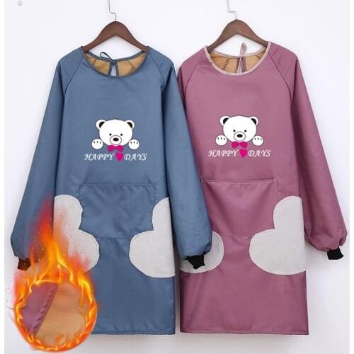 Smock plus velvet thickening female adult household kitchen fashion long-sleeved apron waterproof and oil-proof work clothes