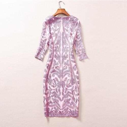Quality Embroidery High 2021 Runway Fashion Bodycon 3/4 Sleeve Flower Purple Red Slim Plus Size XXXL Dress