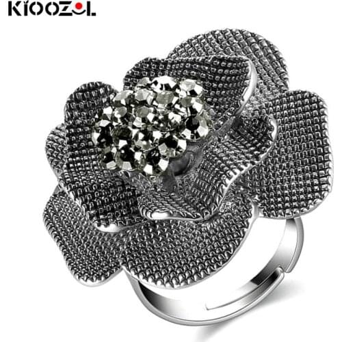 KIOOZOL Women Vintage Sexy Solid Cubic Zirconia Flower Rings Antique Silver Plated Black Blue Red Rings Hot Jewelry 387 KO4