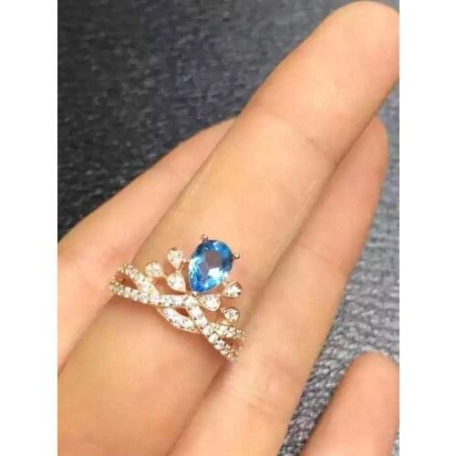Natural blue topaz gem Ring Natural gemstone ring S925 sterling silver trendy Elegant Cute Crown women girl party Jewelry