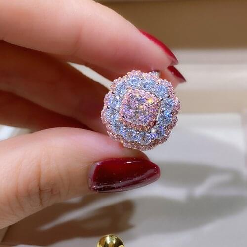 Luxury 100% 925 Sterling Silver Flower Citrine Pink Gemstone High Carbon Diamond Rings For Women Fine Jewelry